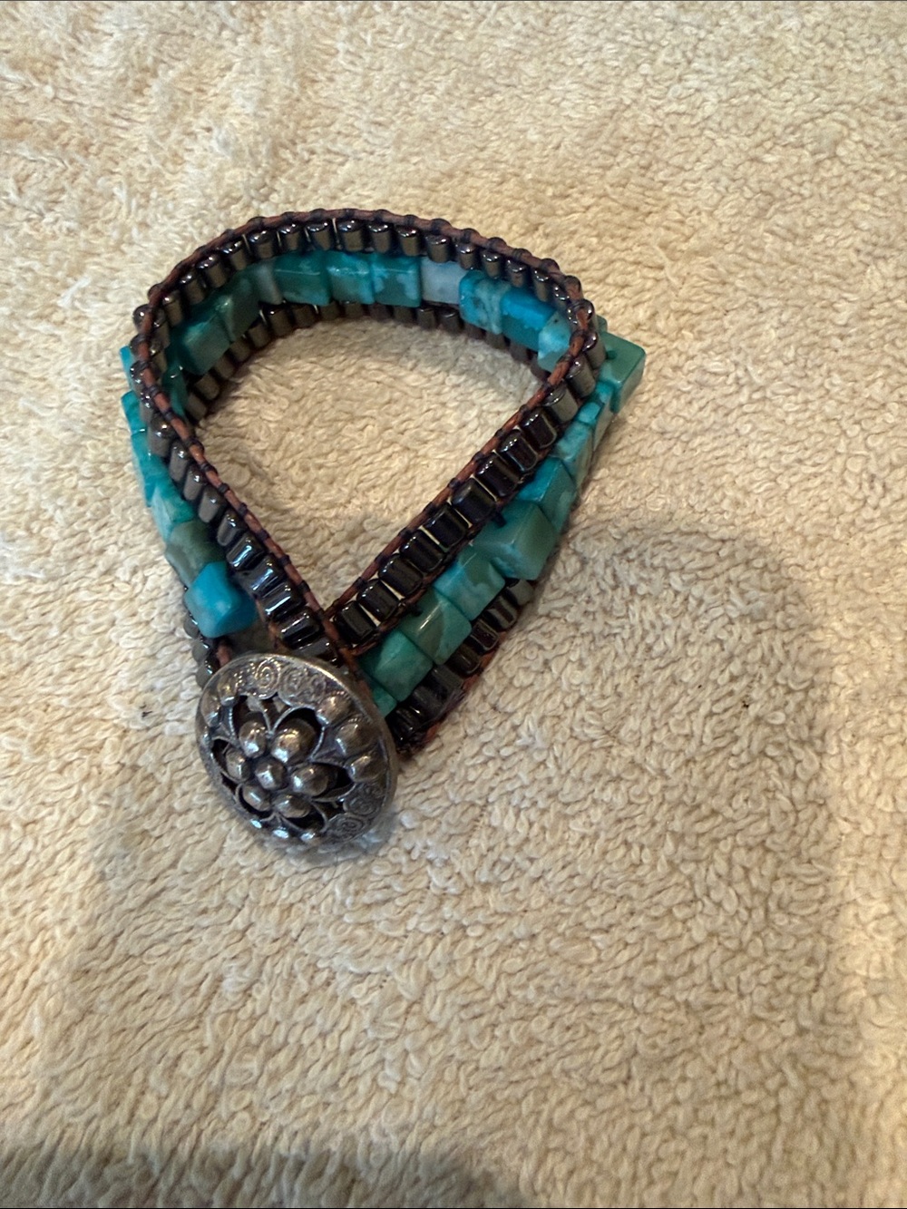 Blue Turquoise Beaded Wrap Bracelet with Silver Floral Button